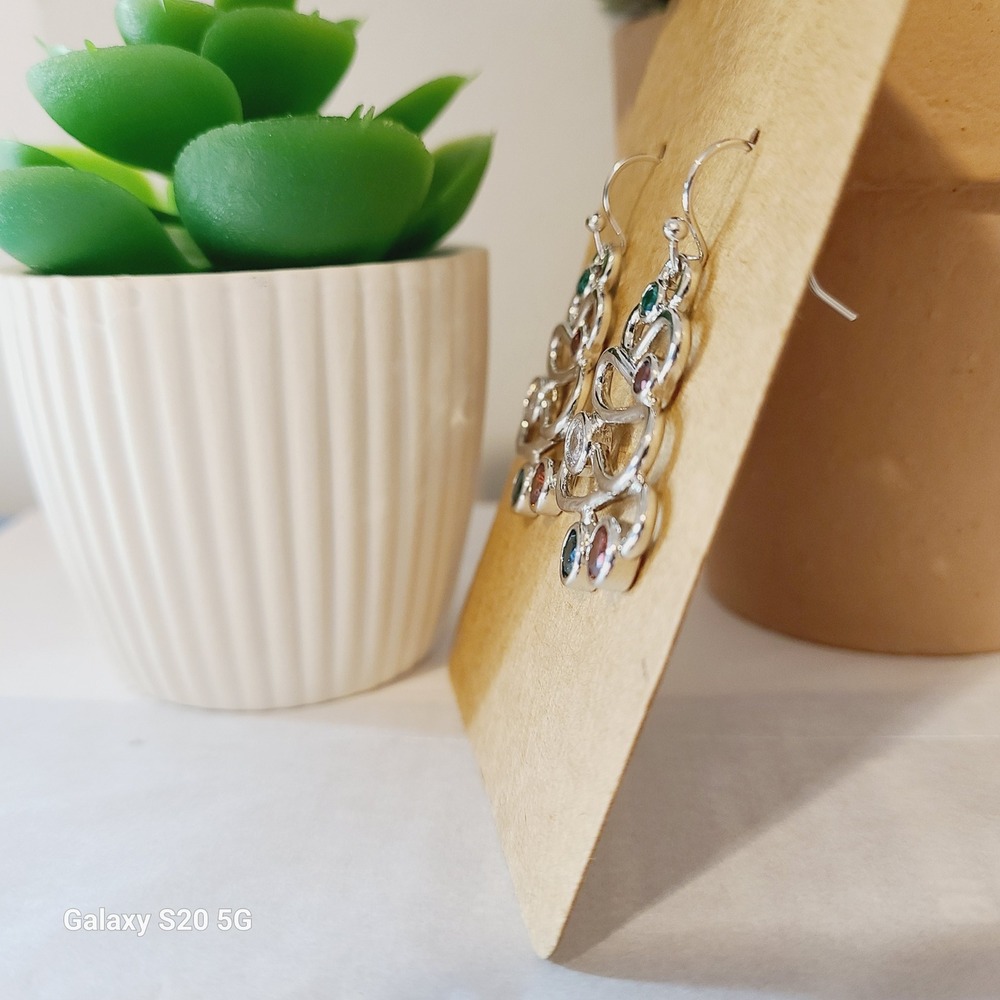 Sparkling Christmas Tree Dangle Earrings Festive Holiday Gemstones Silver Tone‎ - Picture 2 of 6